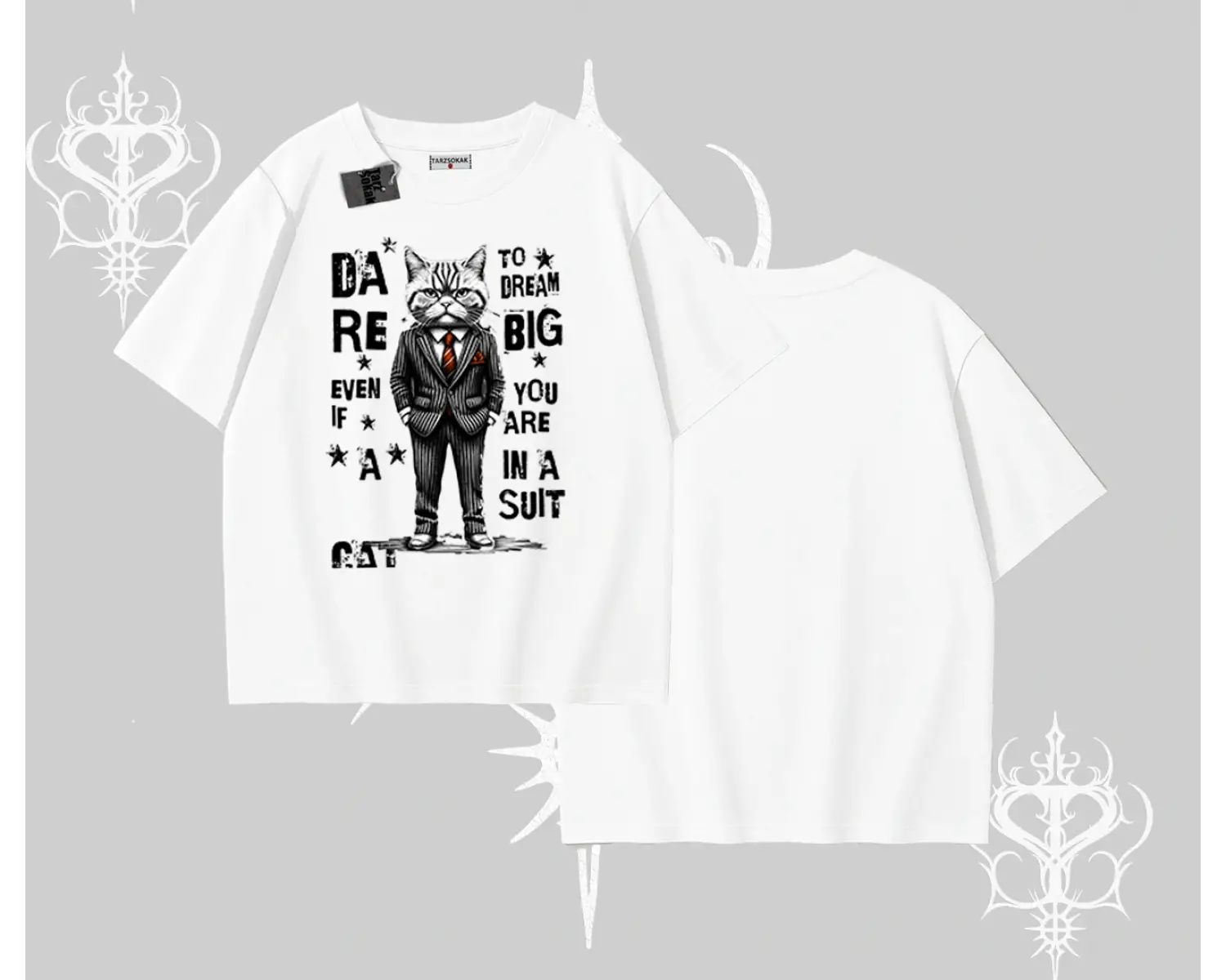 Dream Big Yazılı Takım Elbiseli Kedi Baskılı Oversize Tshirt