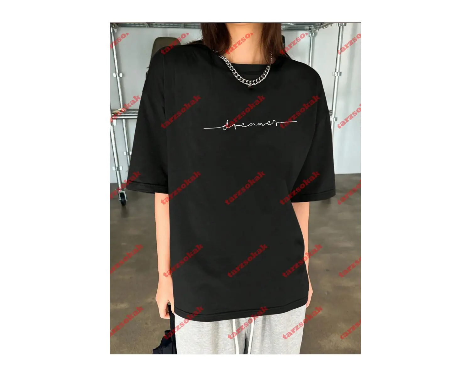 Dreamer Baskılı Oversize Bisiklet Yaka Tshirt Beyaz