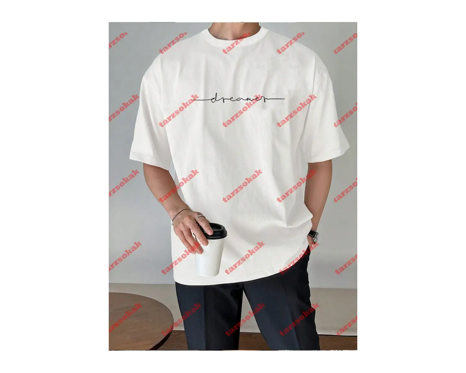 Dreamer Baskılı Oversize Bisiklet Yaka Tshirt Beyaz