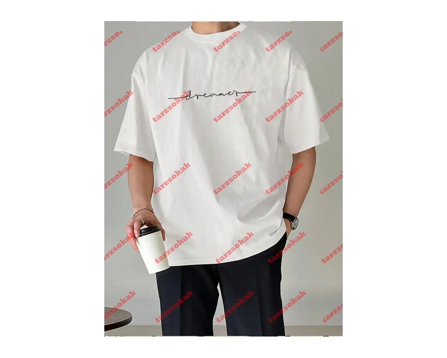 Dreamer Baskılı Oversize Bisiklet Yaka Tshirt Beyaz