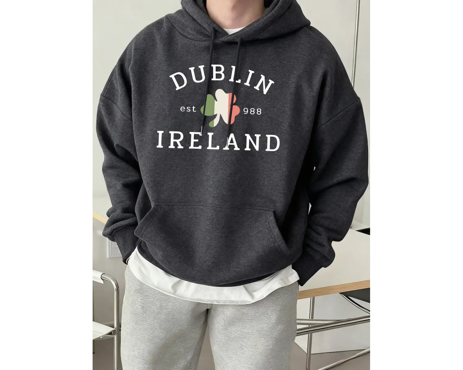 Dublin İrlanda Est 988 Baskılı Günlük Polar Kapüşonlu Üstler Erkek Sokak Giyim Bol Kıyafetler