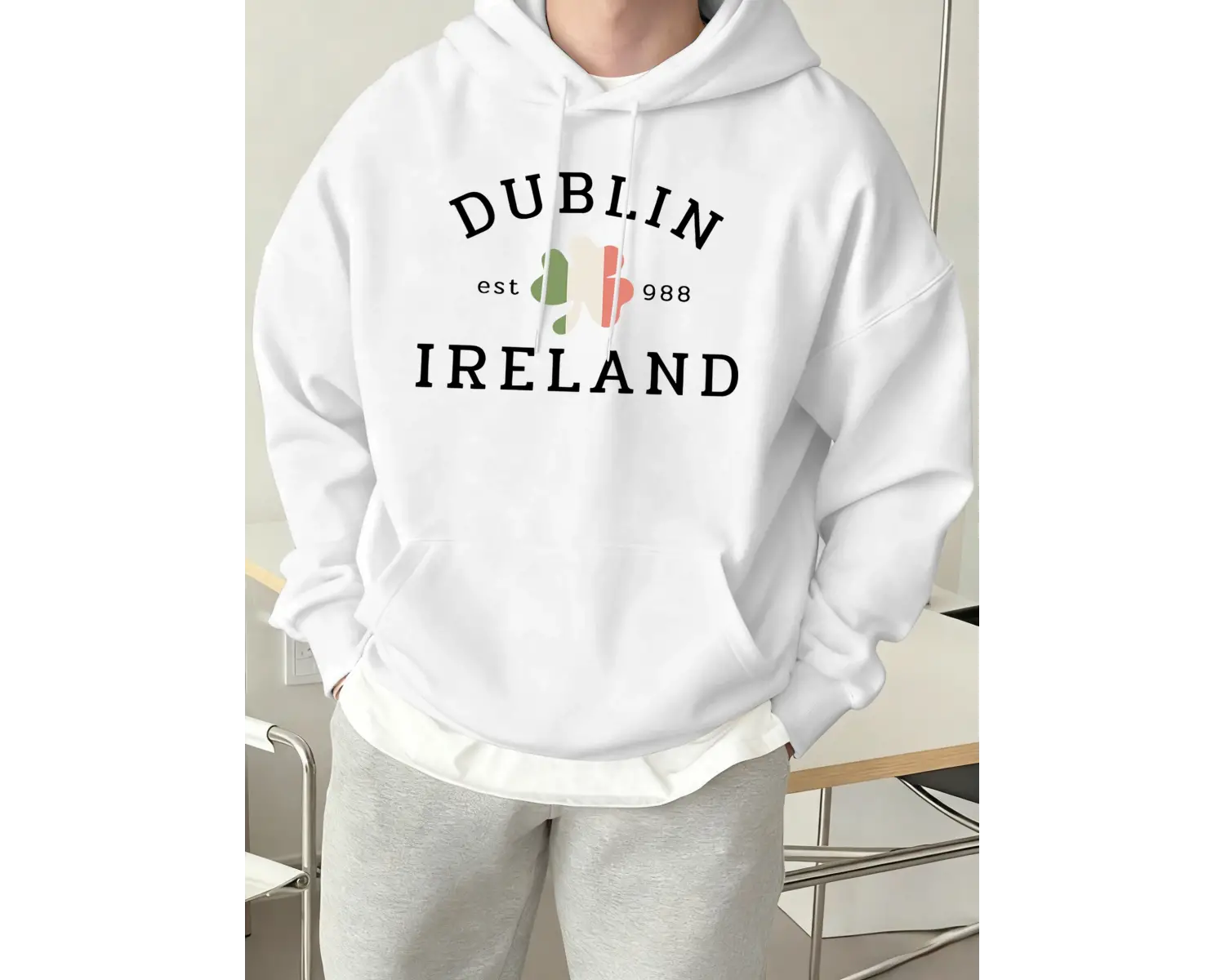 Dublin İrlanda Est 988 Baskılı Günlük Polar Kapüşonlu Üstler Erkek Sokak Giyim Bol Kıyafetler