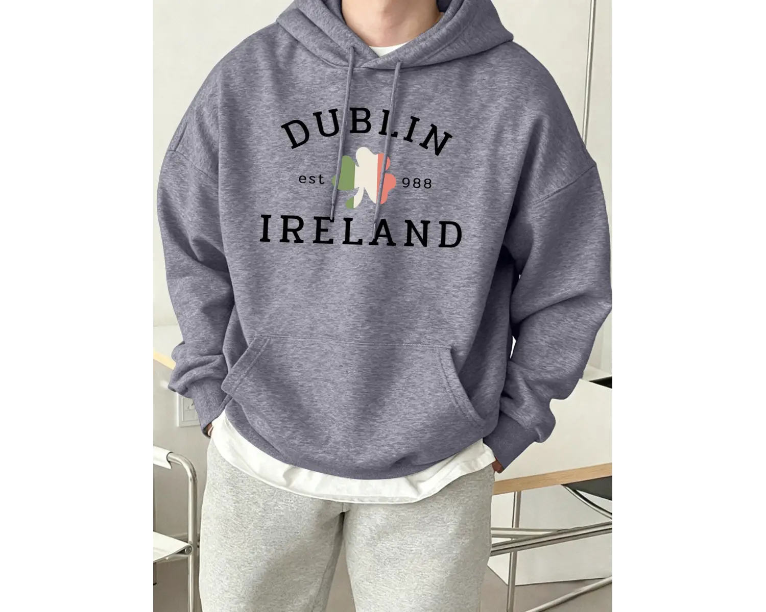 Dublin İrlanda Est 988 Baskılı Günlük Polar Kapüşonlu Üstler Erkek Sokak Giyim Bol Kıyafetler