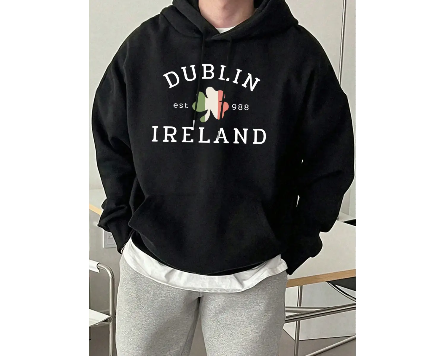 Dublin İrlanda Est 988 Baskılı Günlük Polar Kapüşonlu Üstler Erkek Sokak Giyim Bol Kıyafetler