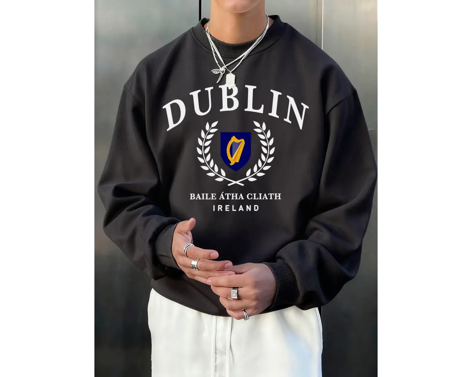 Dublin İrlanda Mektup Desen Sonbahar Erkekler Kazak Moda Bisiklet Yaka Kazak Hip Hop Giysiler