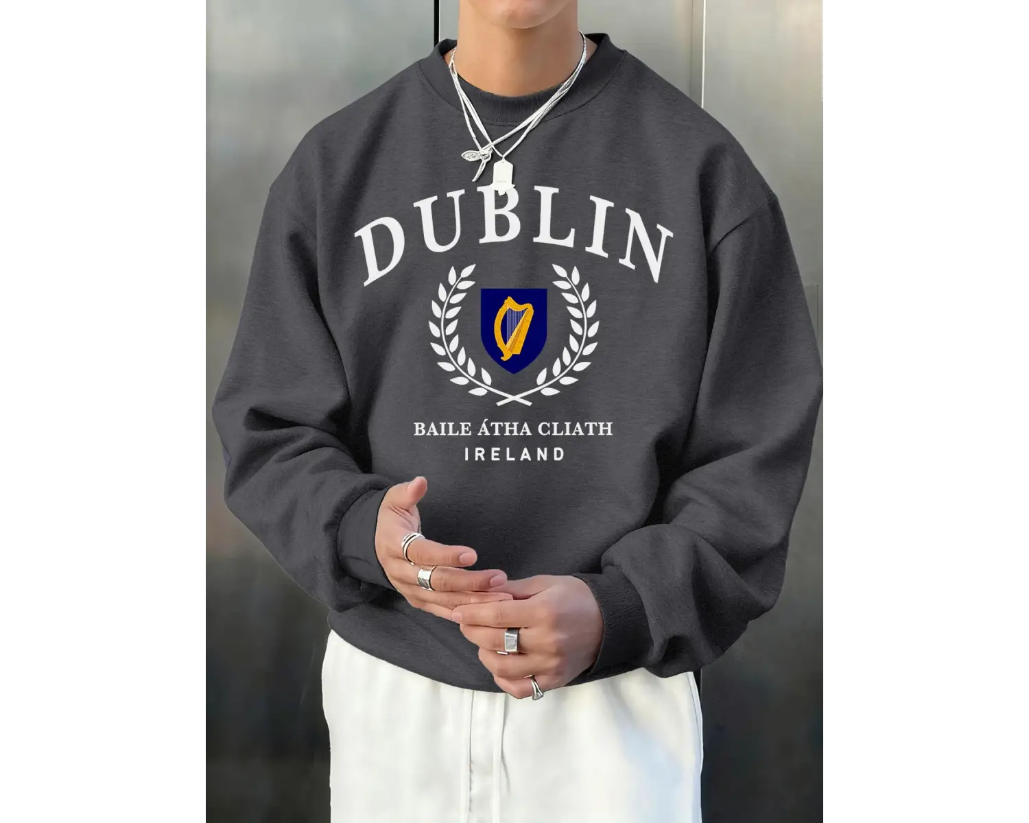Dublin İrlanda Mektup Desen Sonbahar Erkekler Kazak Moda Bisiklet Yaka Kazak Hip Hop Giysiler