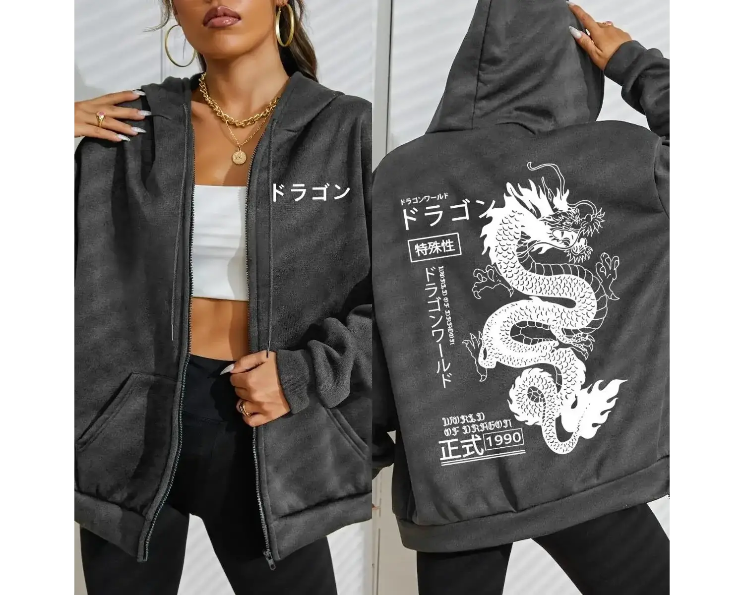 Dünya ejderha özel 1990 desen kadın fermuarlı kapüşonlu kıyafet Trendy polar Hoody rahat sonb