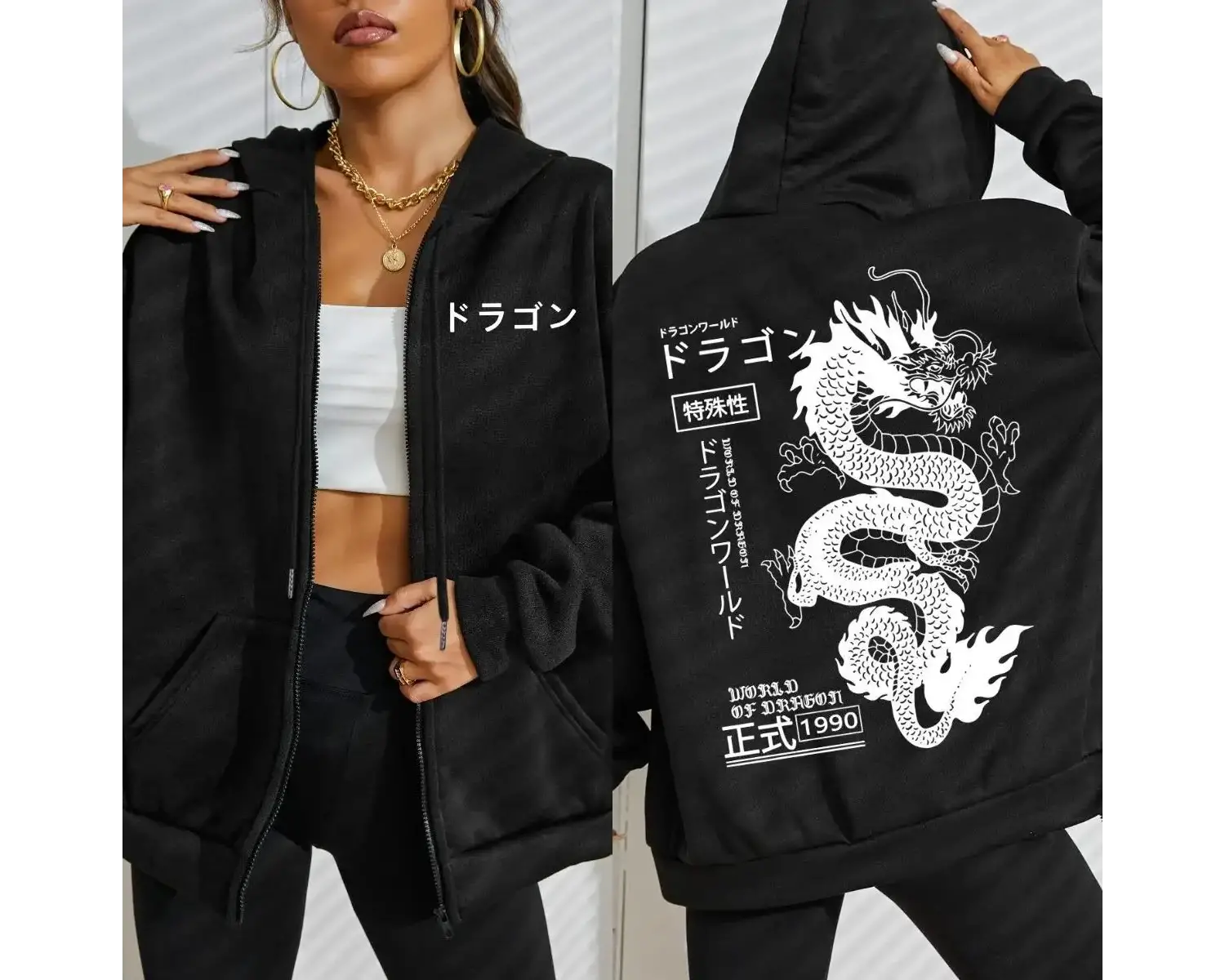 Dünya ejderha özel 1990 desen kadın fermuarlı kapüşonlu kıyafet Trendy polar Hoody rahat sonb