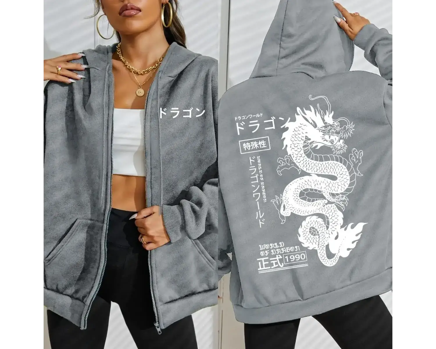 Dünya ejderha özel 1990 desen kadın fermuarlı kapüşonlu kıyafet Trendy polar Hoody rahat sonb