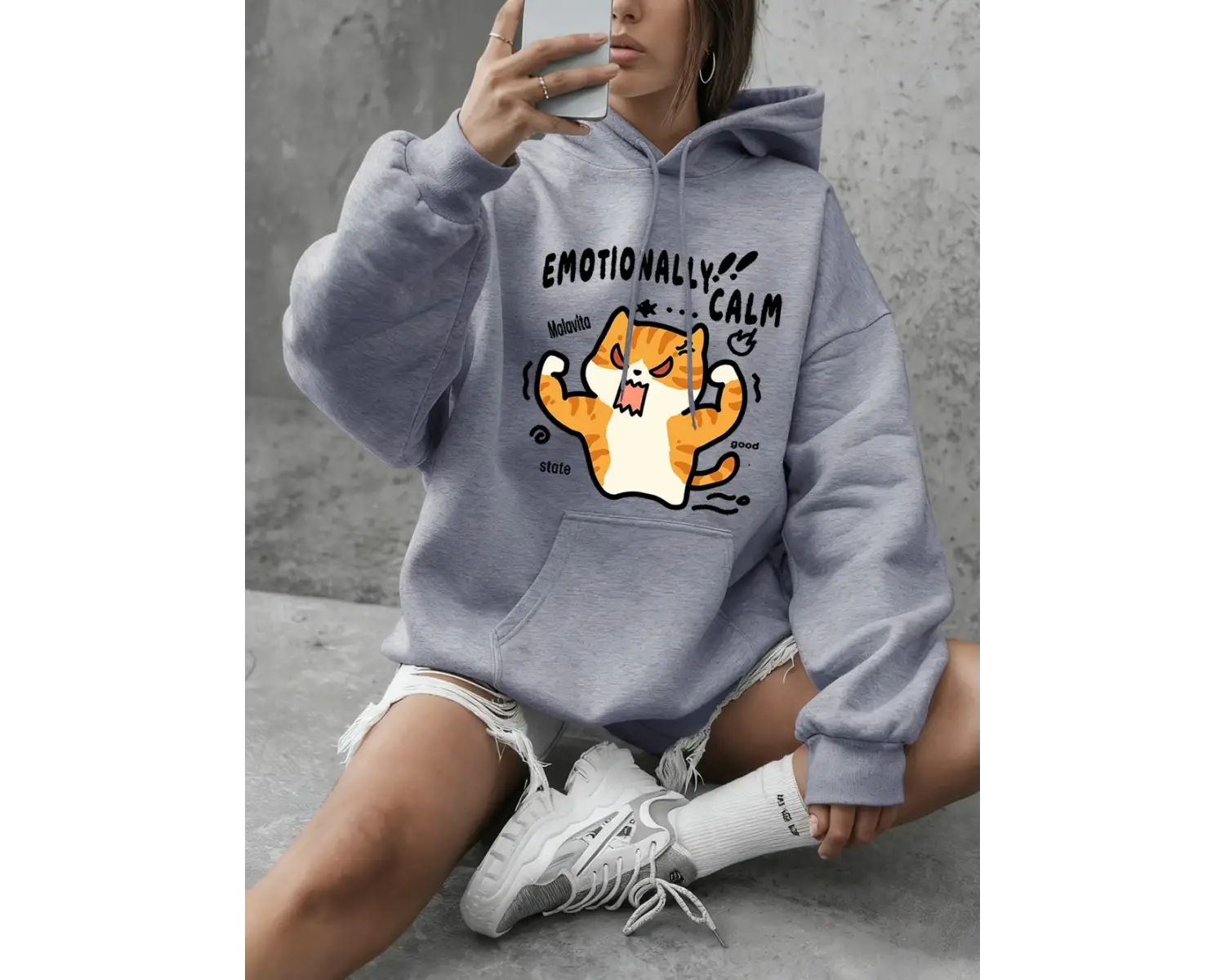 Duygusal olarak sakin kedi baskılar tişörtü kadın kış polar sıcak kapüşonlu üstler temel bisi