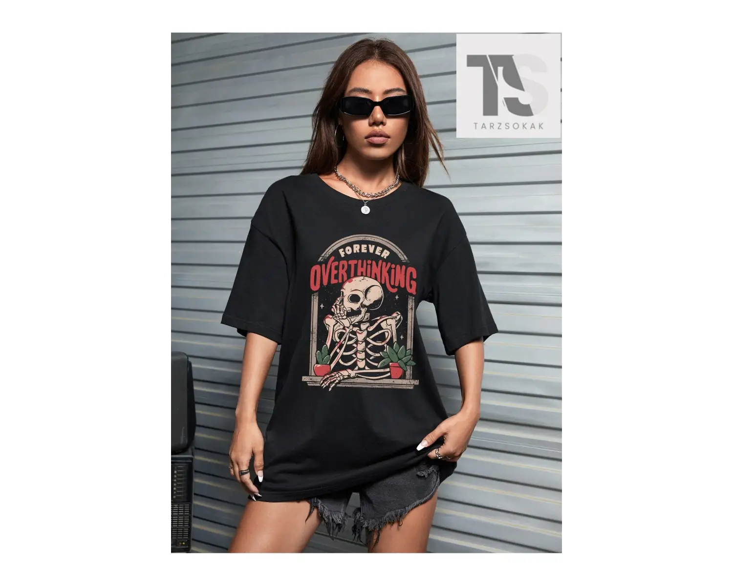 Eduely İskelet ve Harf Grafikli Düşük Omuz Oversize Tişört