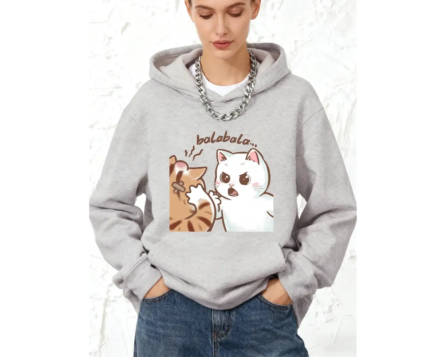 Eğlenceli İki Kedi Kavga Ediyor Baskılı Pamuklu Kapüşonlu Kadın Kışlık Bol Sweatshirt Polar S