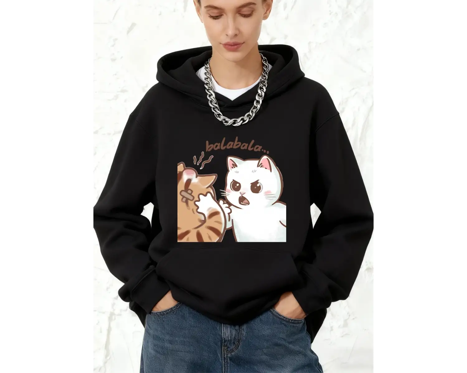 Eğlenceli İki Kedi Kavga Ediyor Baskılı Pamuklu Kapüşonlu Kadın Kışlık Bol Sweatshirt Polar S