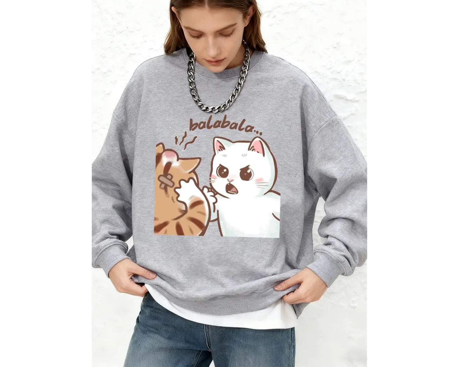 Eğlenceli İki Kedi Kavga Ediyor Baskılı Sweatshirt Kadınlar Sonbahar Bol Jogger Kapüşonlu Üst