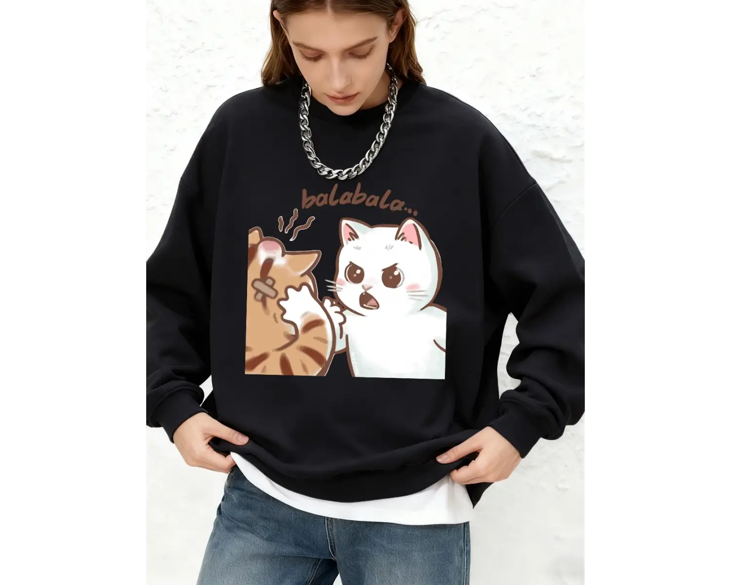 Eğlenceli İki Kedi Kavga Ediyor Baskılı Sweatshirt Kadınlar Sonbahar Bol Jogger Kapüşonlu Üst