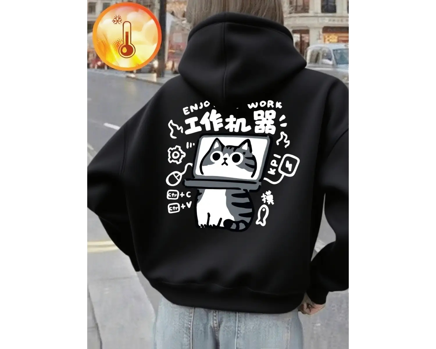 Eğlenceli Kedi Baskılı Kapüşonlu Üstler Kadınlar İçin Günlük Bol Sweatshirt Kışlık Polar Sıca