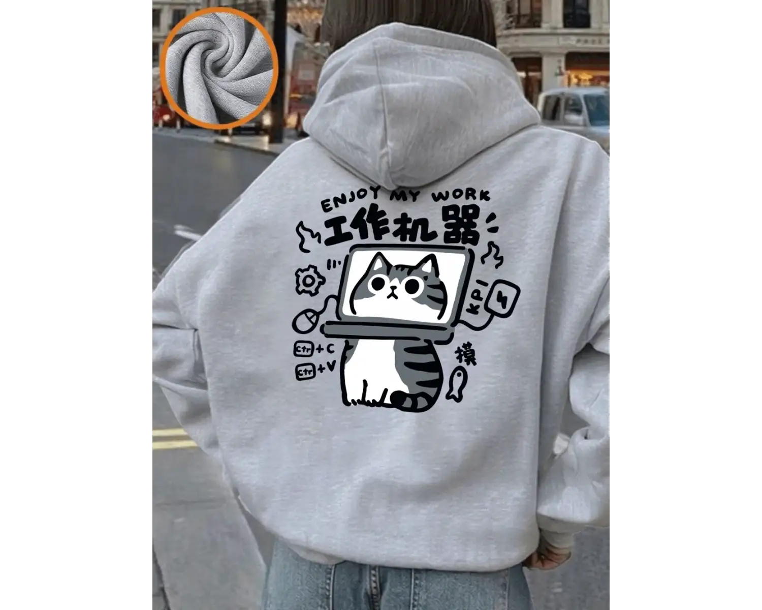 Eğlenceli Kedi Baskılı Kapüşonlu Üstler Kadınlar İçin Günlük Bol Sweatshirt Kışlık Polar Sıca