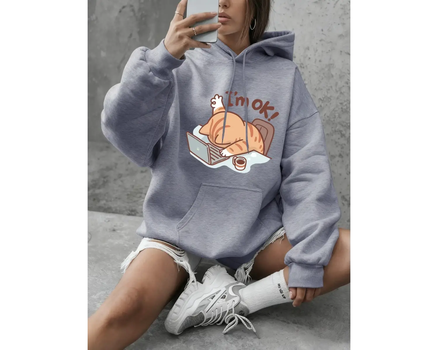 Eğlenceli Kedi Ben İyiyim Baskılı Kapüşonlu Üstler Kadın Günlük Bol Sweatshirt Kışlık Polar S
