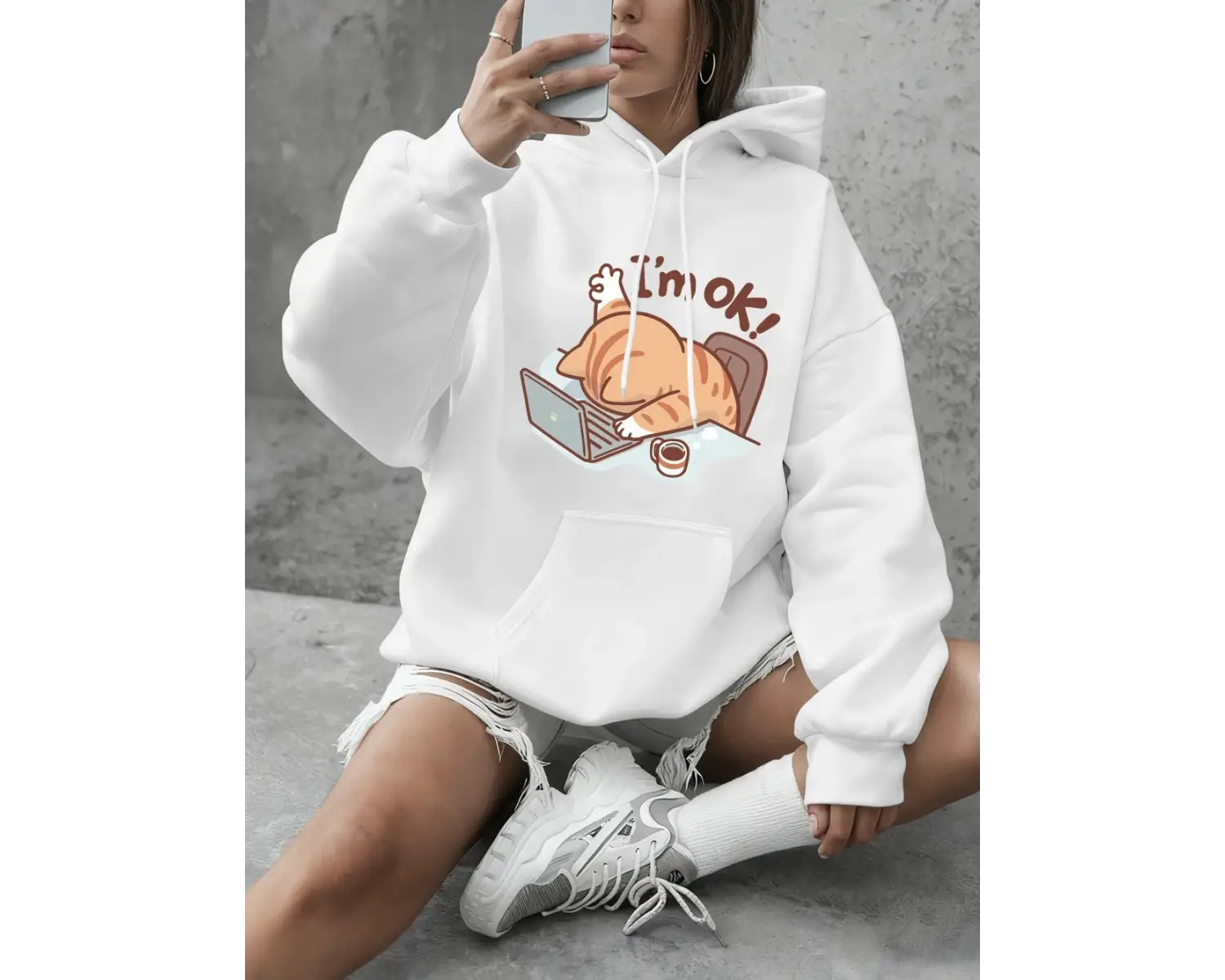 Eğlenceli Kedi Ben İyiyim Baskılı Kapüşonlu Üstler Kadın Günlük Bol Sweatshirt Kışlık Polar S