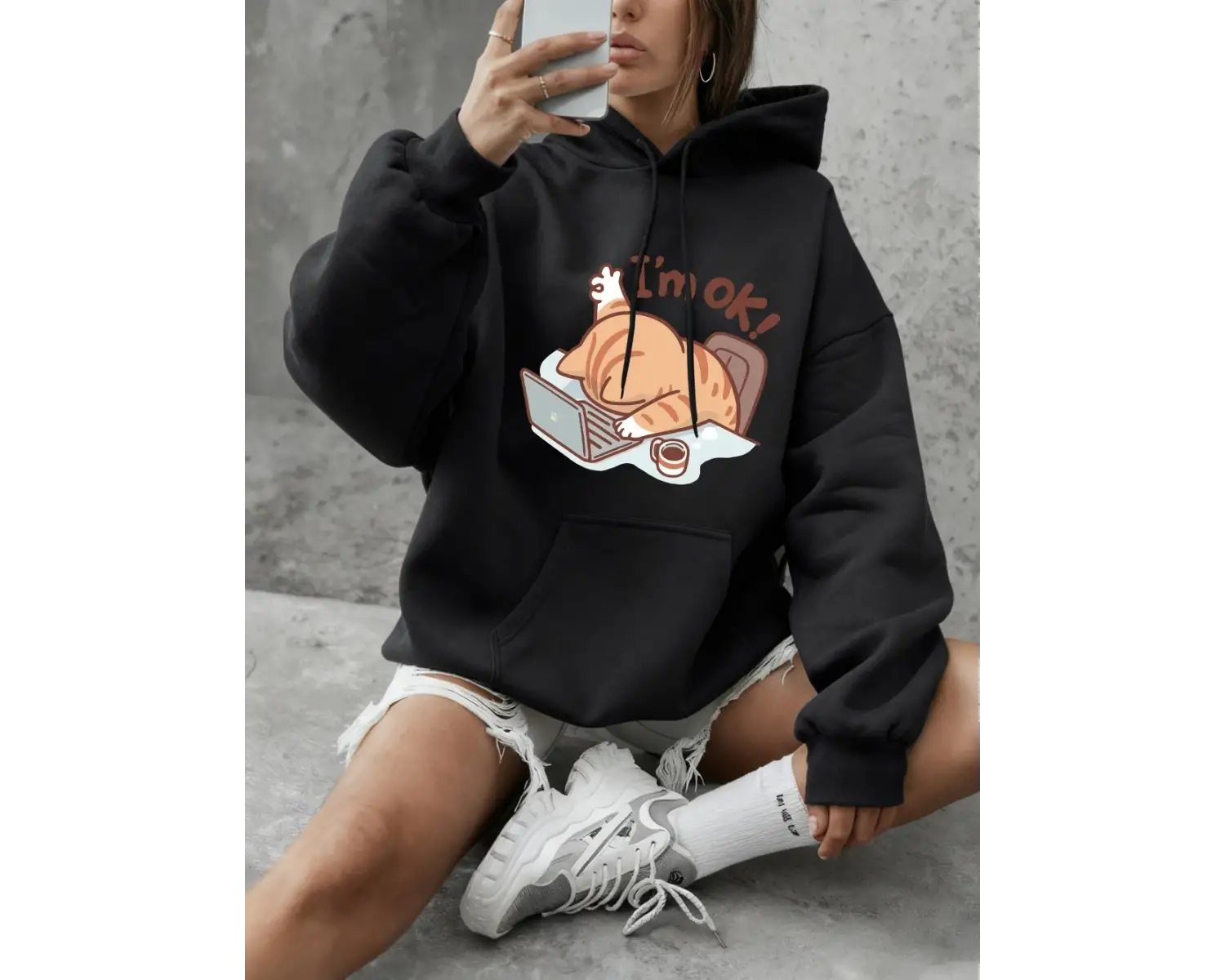 Eğlenceli Kedi Ben İyiyim Baskılı Kapüşonlu Üstler Kadın Günlük Bol Sweatshirt Kışlık Polar S