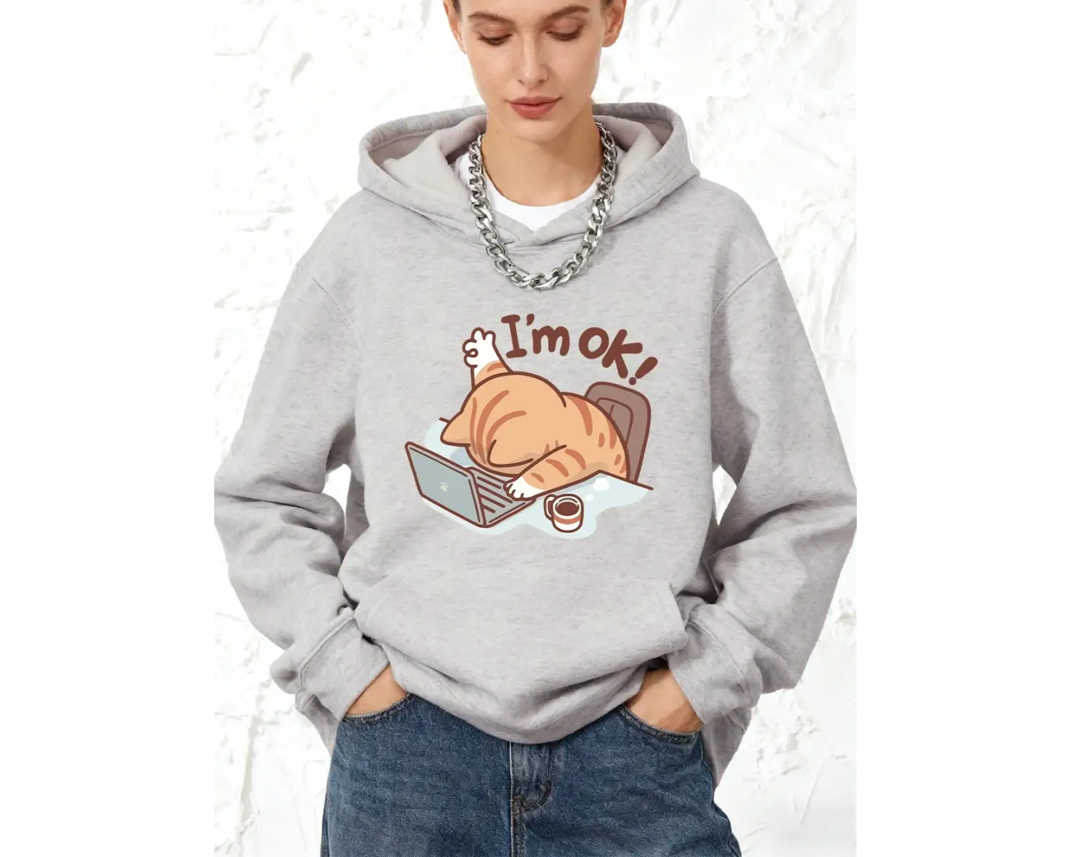 Eğlenceli Kedi Ben İyiyim Baskılı Pamuklu Kapüşonlu Üstler Kadınlar İçin Cepli Eşofman Üstü S