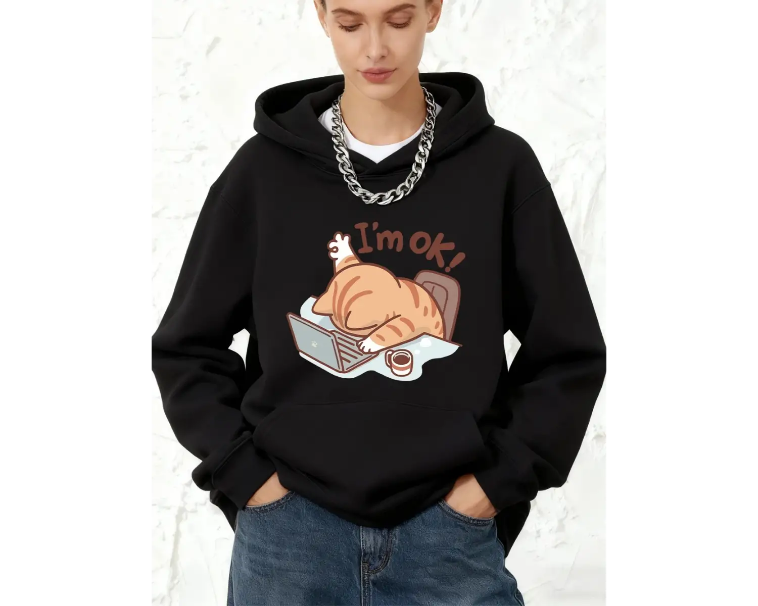 Eğlenceli Kedi Ben İyiyim Baskılı Pamuklu Kapüşonlu Üstler Kadınlar İçin Cepli Eşofman Üstü S