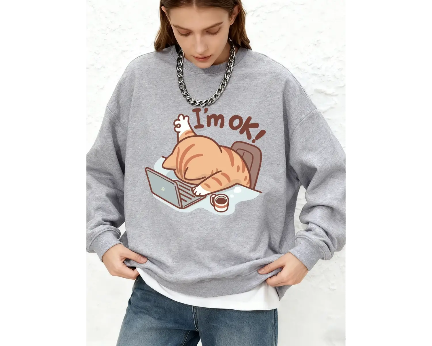 Eğlenceli Kedi Ben İyiyim Baskılı Sweatshirt Kadın Sonbahar Sıcak Uzun Kollu Kapüşonlu Üstler