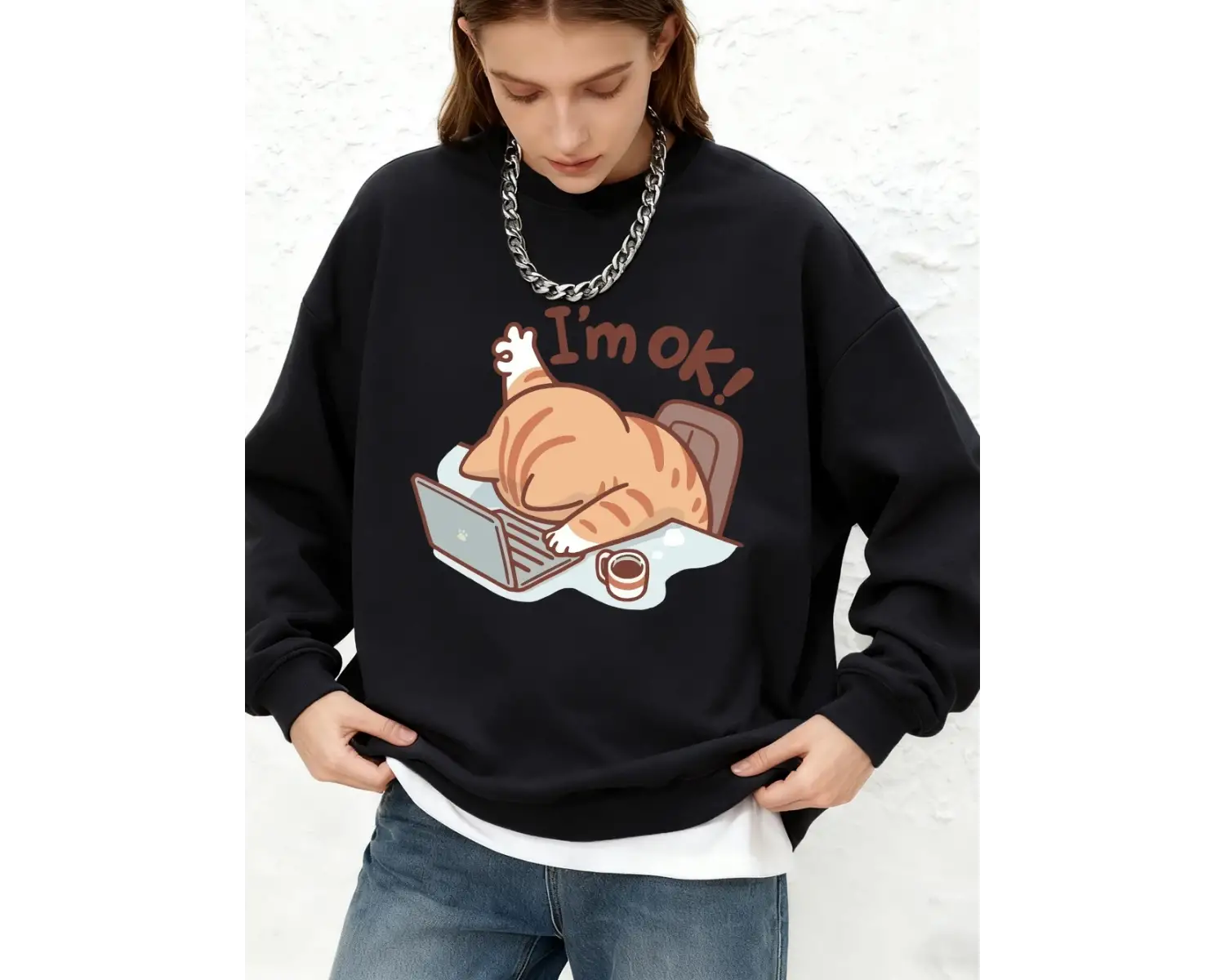 Eğlenceli Kedi Ben İyiyim Baskılı Sweatshirt Kadın Sonbahar Sıcak Uzun Kollu Kapüşonlu Üstler