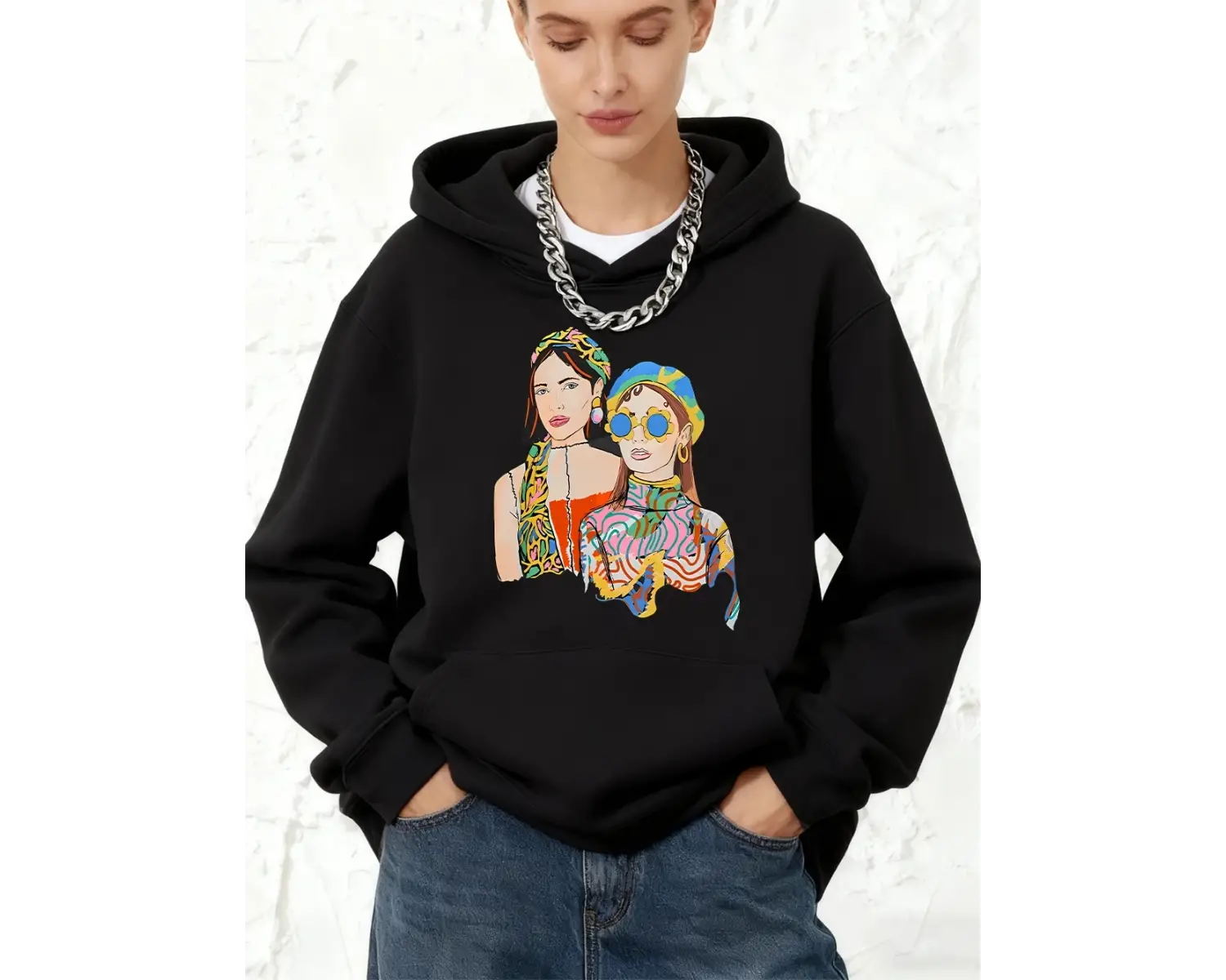 El Boyalı Şehir Kızları Baskılı Kapüşonlu Pamuklu Kadın Kışlık Polar Sıcak Kazak Cepli Joggin