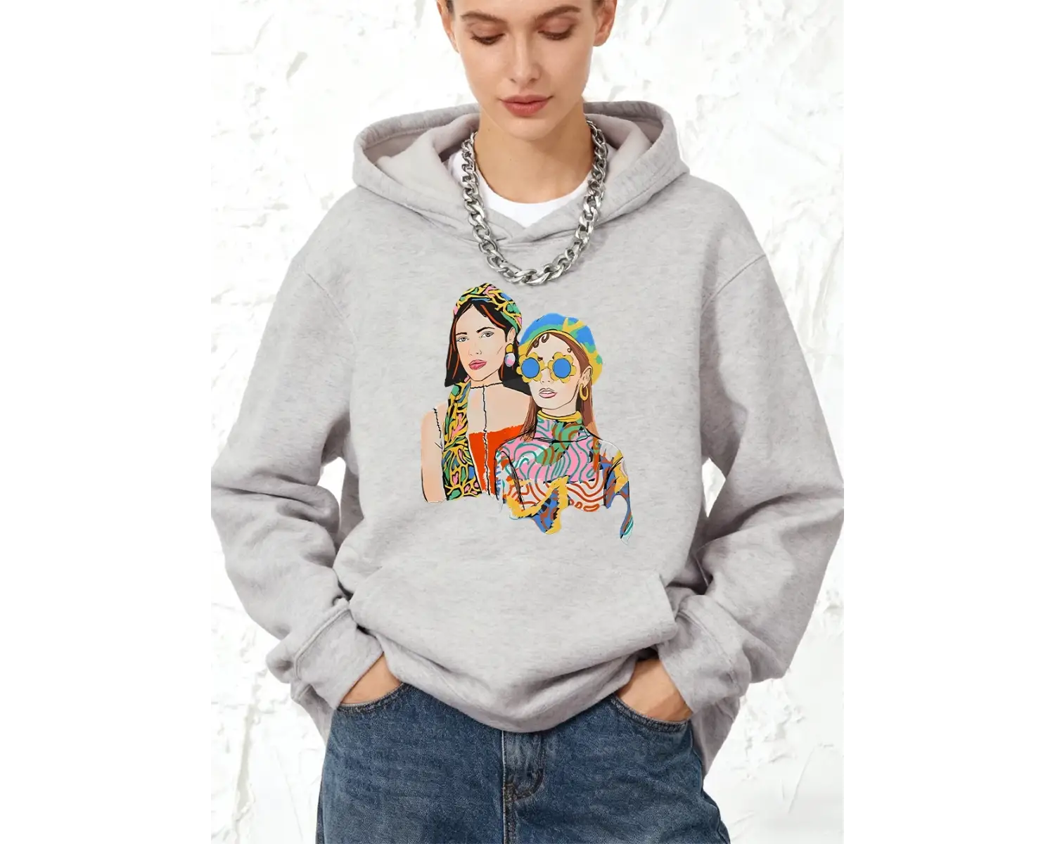 El Boyalı Şehir Kızları Baskılı Kapüşonlu Pamuklu Kadın Kışlık Polar Sıcak Kazak Cepli Joggin