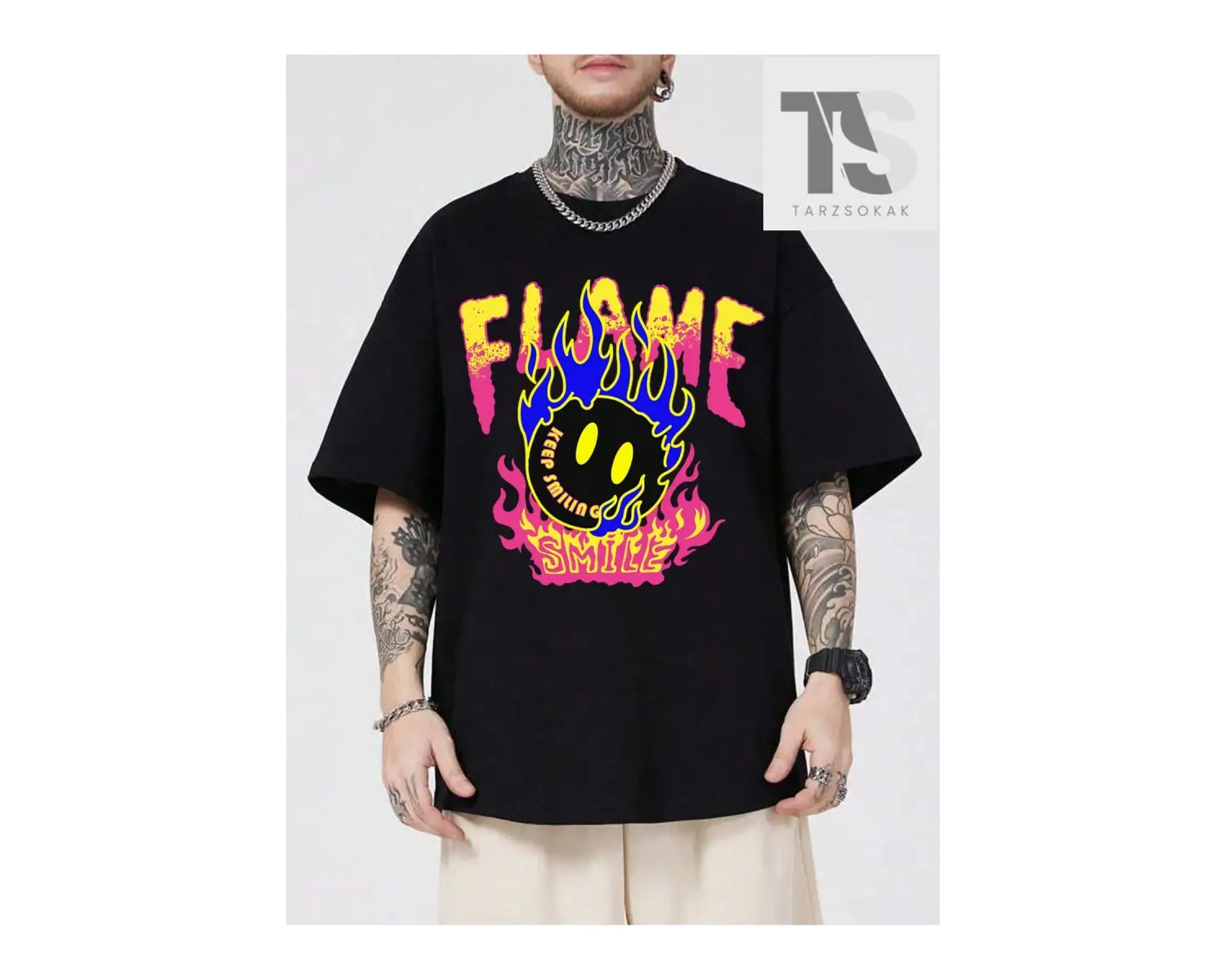 Emoji Baskılı ve Harfli Kısa Kollu Erkek Tişört, Yuvarlak Yaka