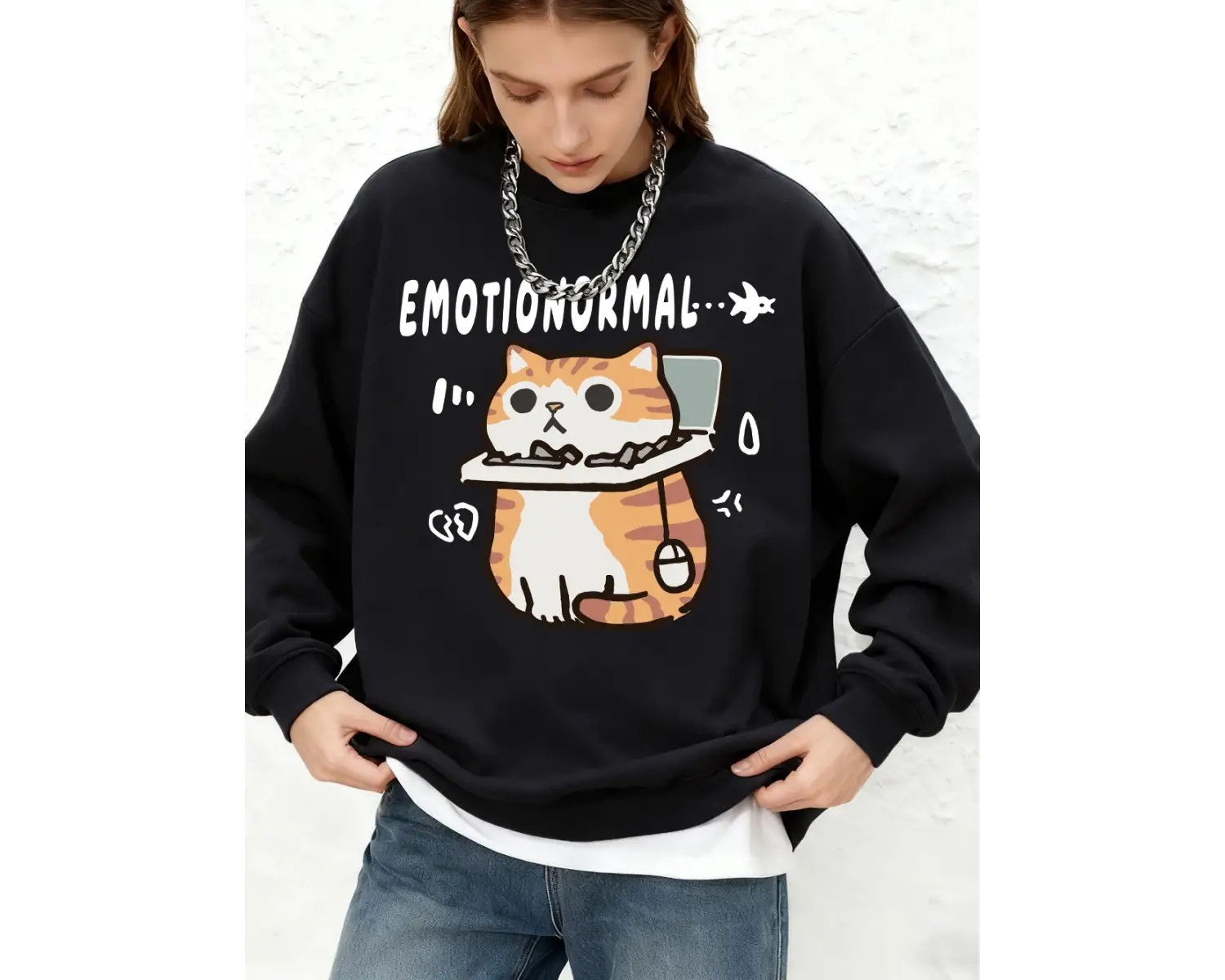 Emotion Abnormal Cat baskılı kapüşonlu svetşört kadın temel bisiklet yaka büyük beden sweatsh