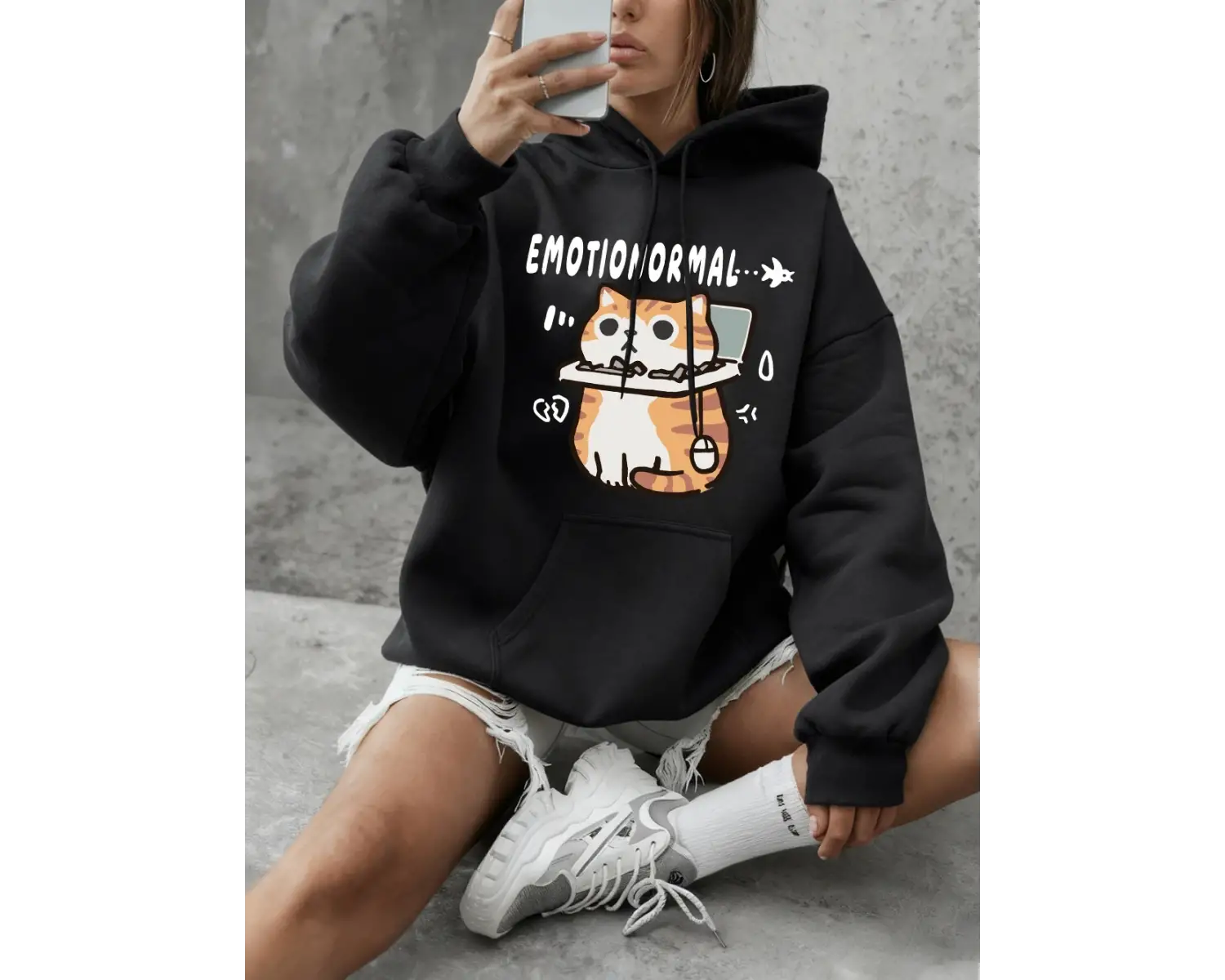 Emotion Abnormal Cat Baskılı Sweatshirtler Kadınlar İçin Kışlık Polar Sıcak Kapüşonlu Üstler