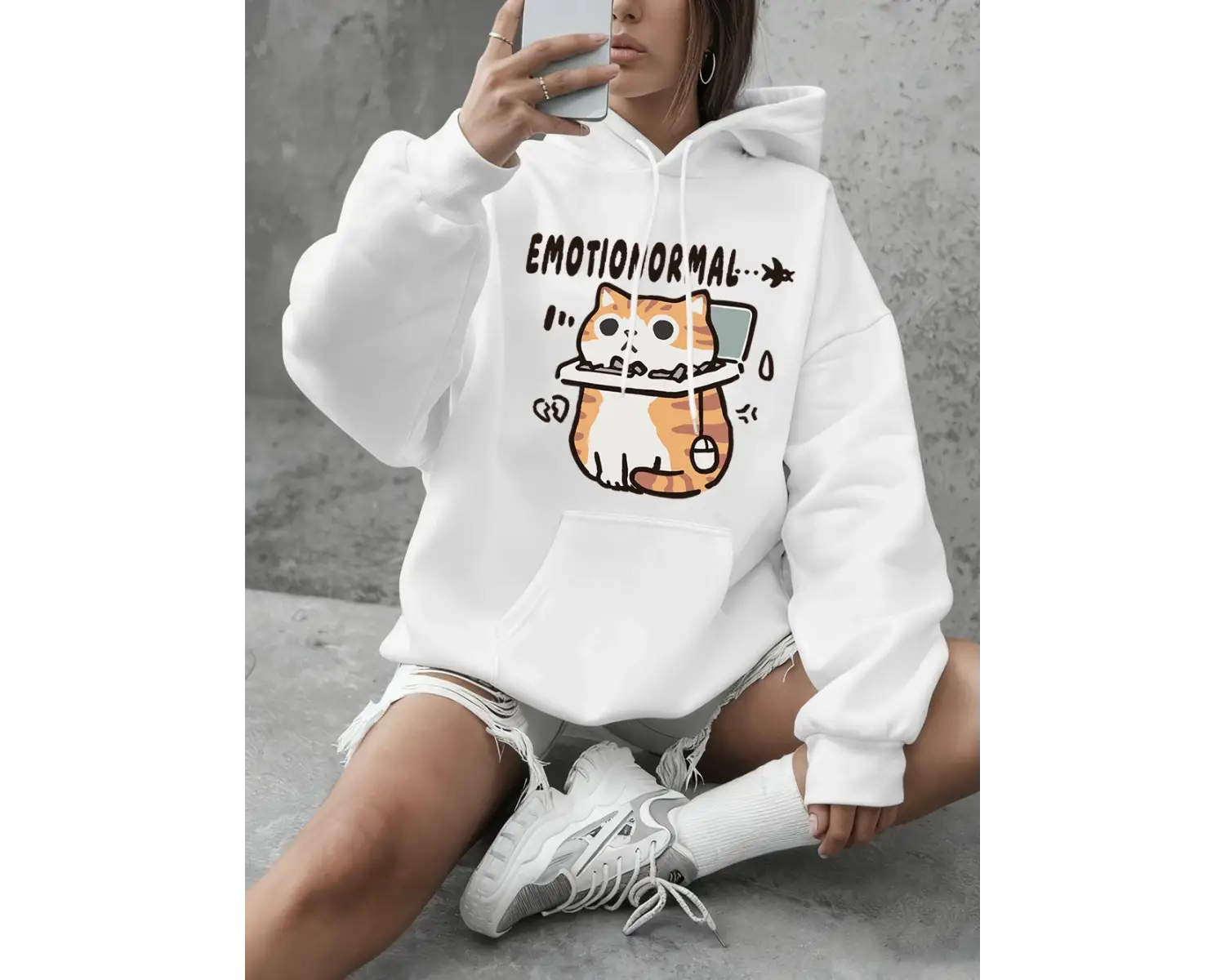 Emotion Abnormal Cat Baskılı Sweatshirtler Kadınlar İçin Kışlık Polar Sıcak Kapüşonlu Üstler