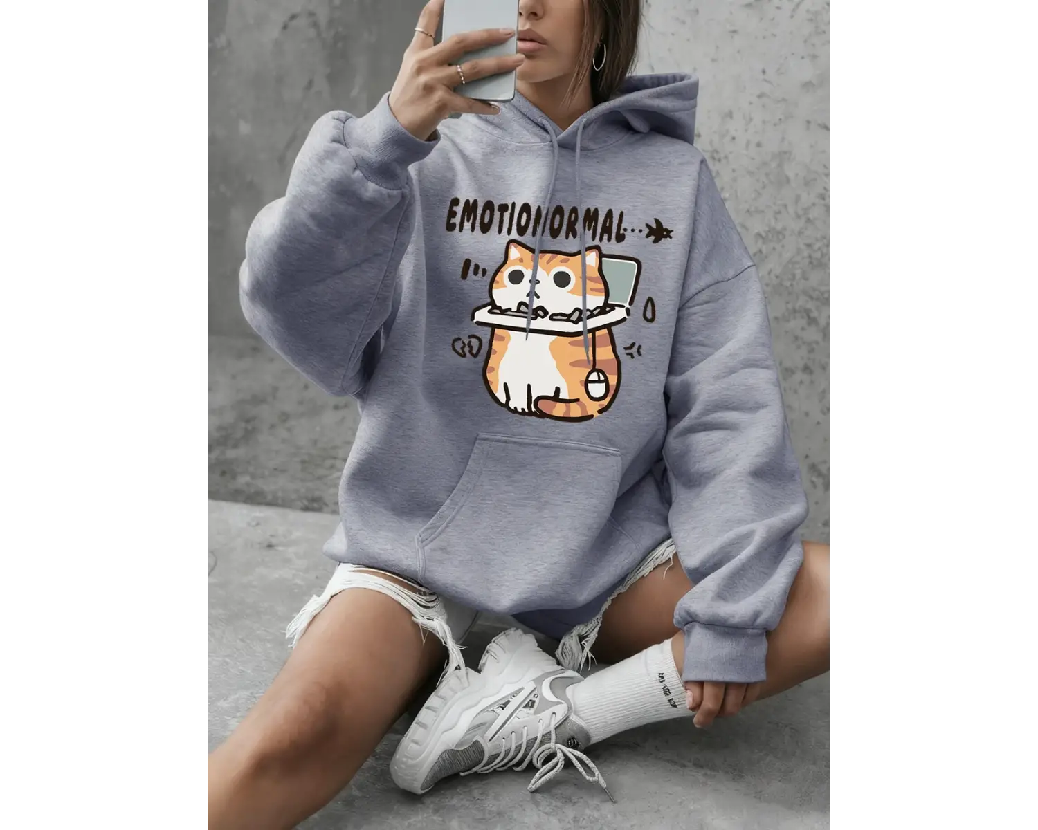 Emotion Abnormal Cat Baskılı Sweatshirtler Kadınlar İçin Kışlık Polar Sıcak Kapüşonlu Üstler