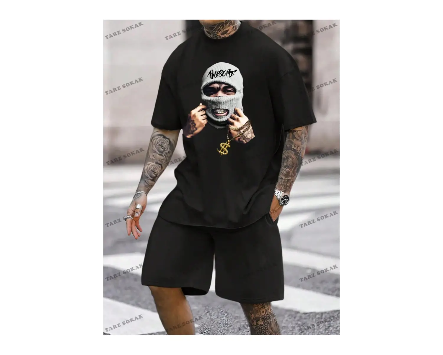 EMRG Siyah Örgü Erkek Karakter Baskılı Kısa Kollu Grafik Erkek T Gömlek Ve Şort Tak