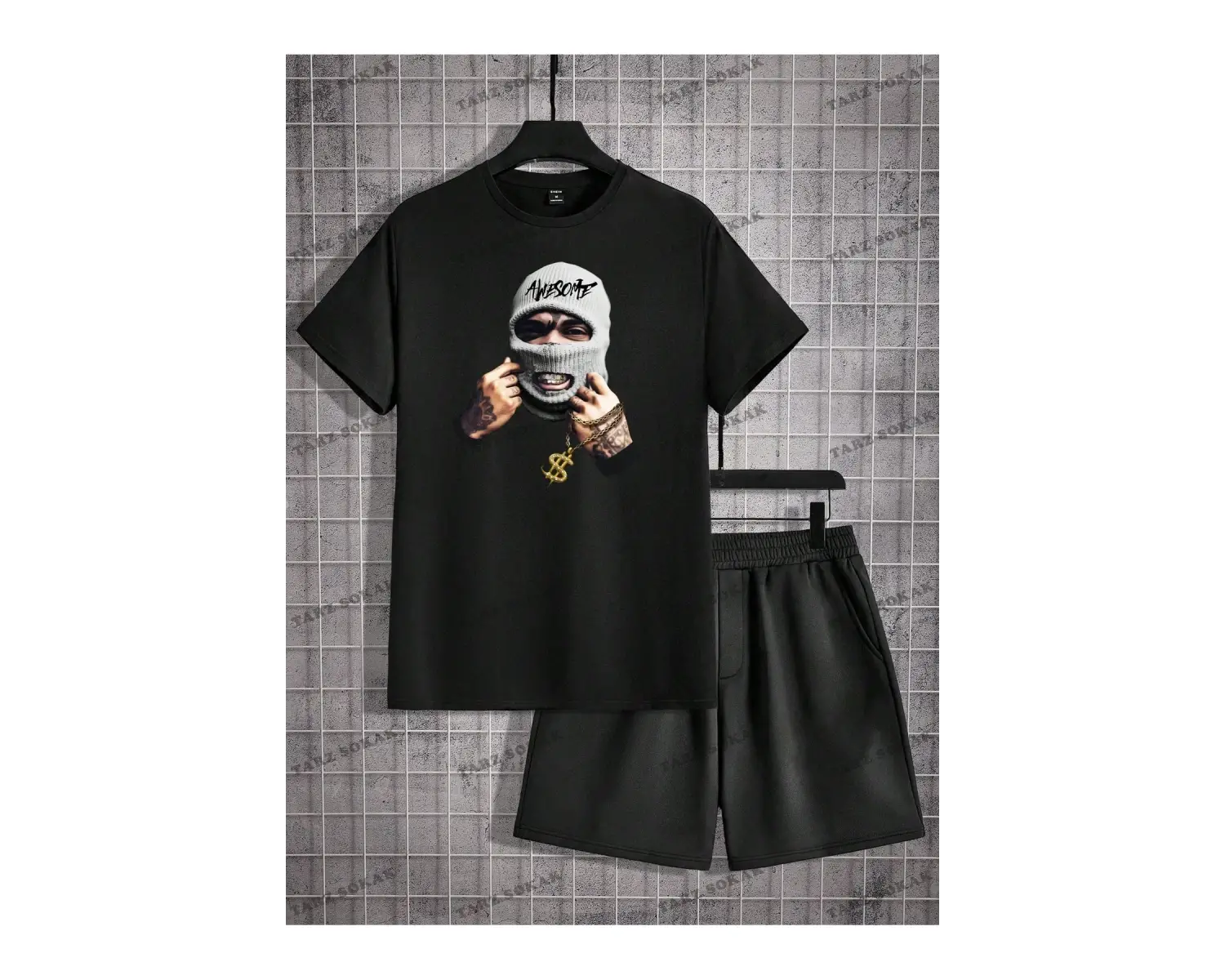 EMRG Siyah Örgü Erkek Karakter Baskılı Kısa Kollu Grafik Erkek T Gömlek Ve Şort Tak