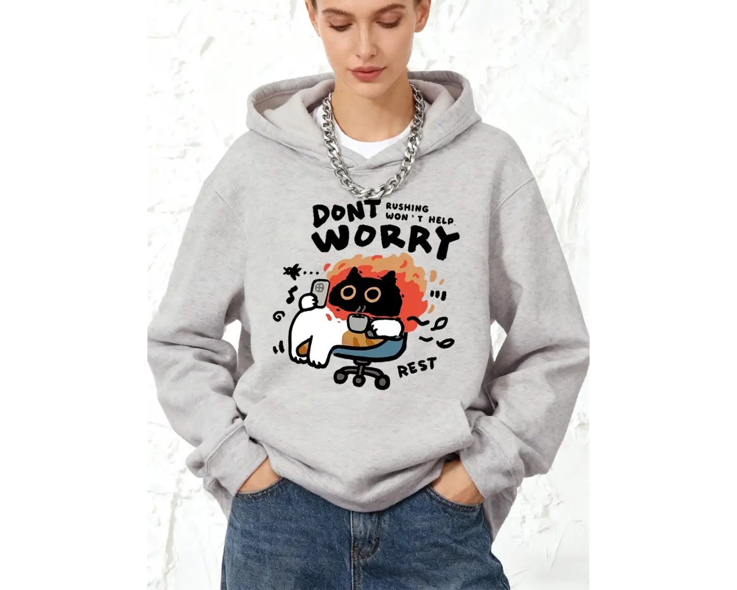 Endişelenme Kedi Baskılı Kapüşonlular Pamuklu Kadın Koşu Cep Kazakları Sportif Bol Sweatshirt