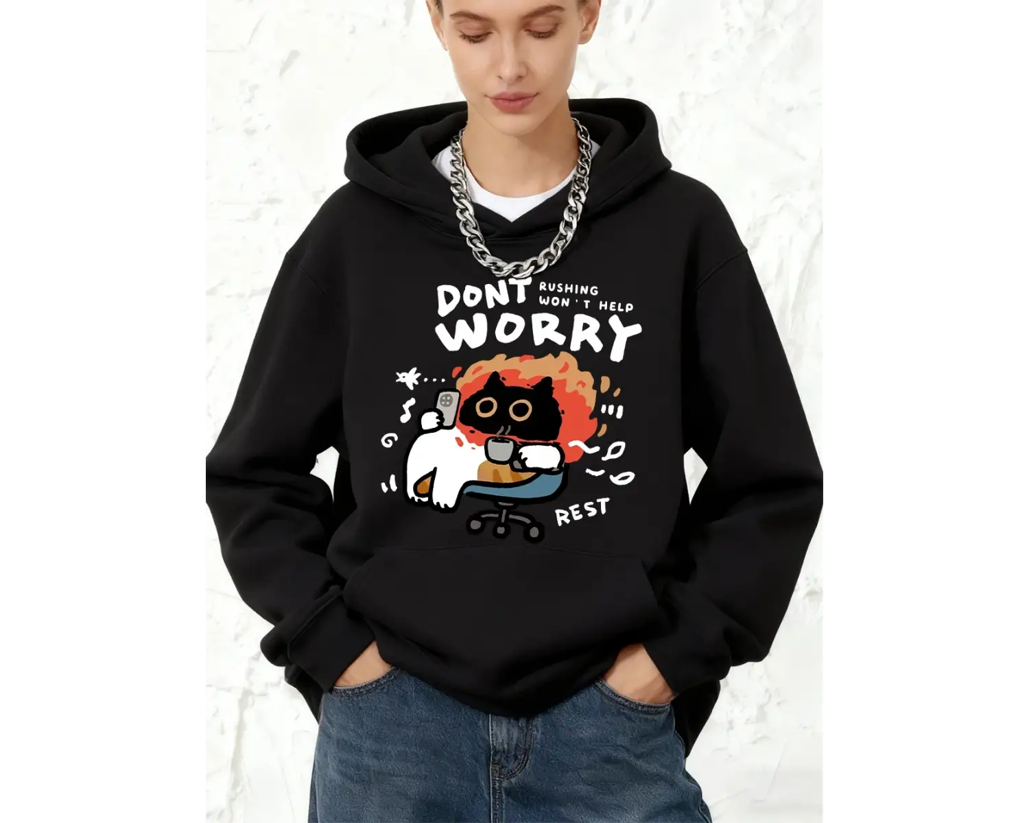Endişelenme Kedi Baskılı Kapüşonlular Pamuklu Kadın Koşu Cep Kazakları Sportif Bol Sweatshirt
