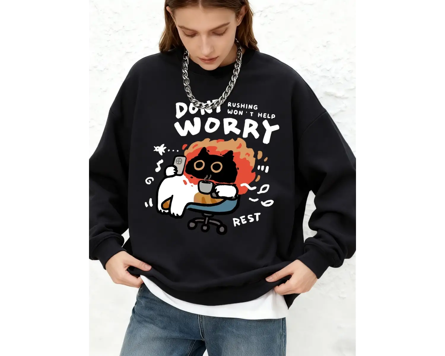 Endişelenmeyin Kedi Baskılı Kapüşonlu Üstler Bayanlar İçin Basit Sıcak Uzun Kollu Sweatshirt