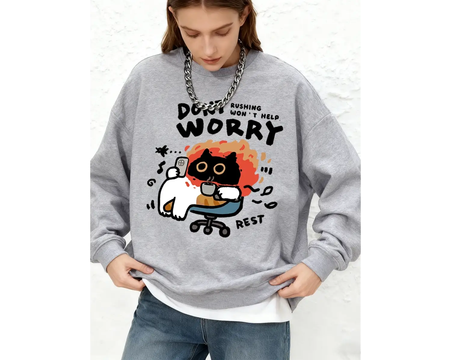 Endişelenmeyin Kedi Baskılı Kapüşonlu Üstler Bayanlar İçin Basit Sıcak Uzun Kollu Sweatshirt