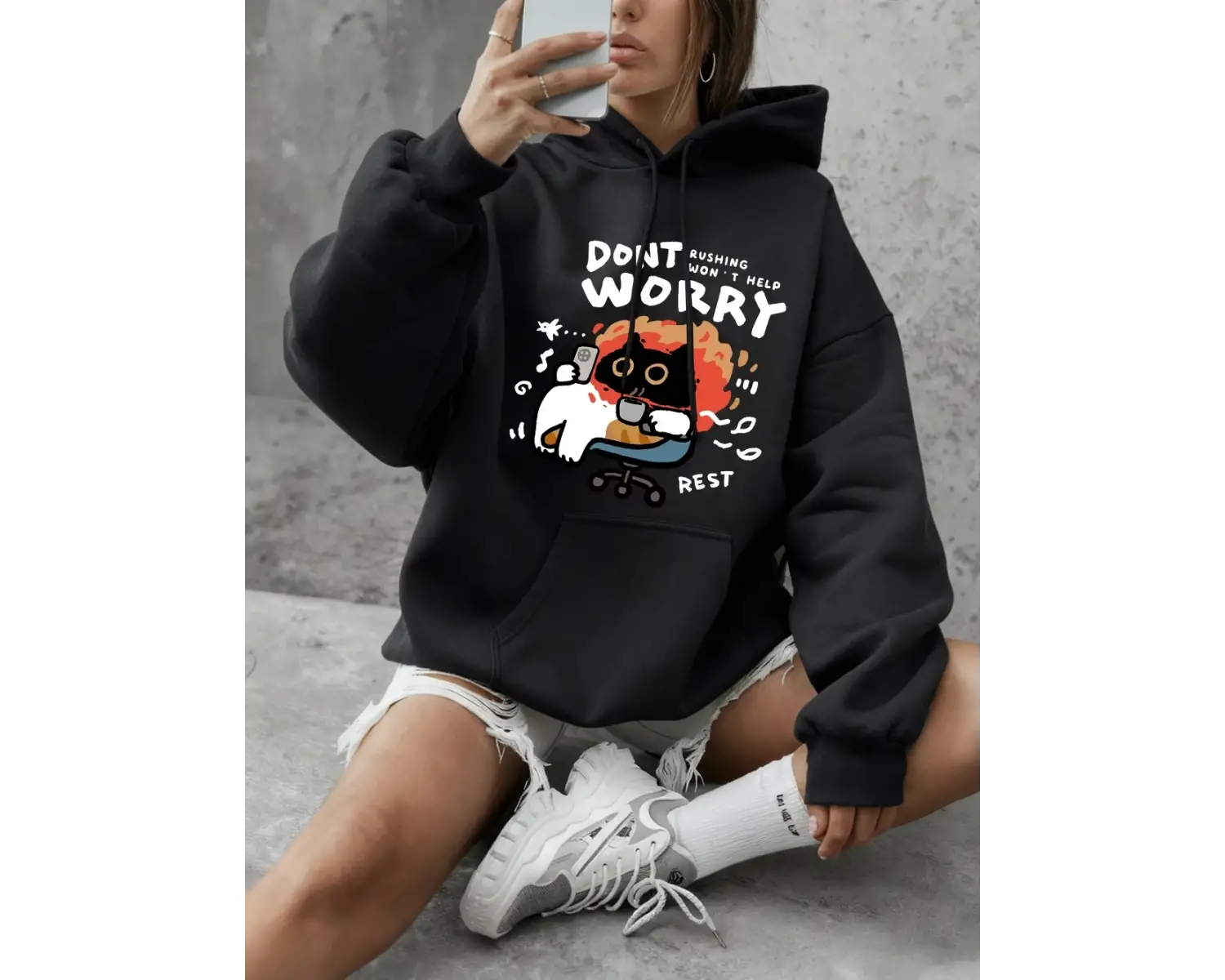 Endişelenmeyin Kedi Baskılı Tişörtü Bayan Temel Ürünleri Bisiklet Yaka Kapüşonlu Üstler Günlü