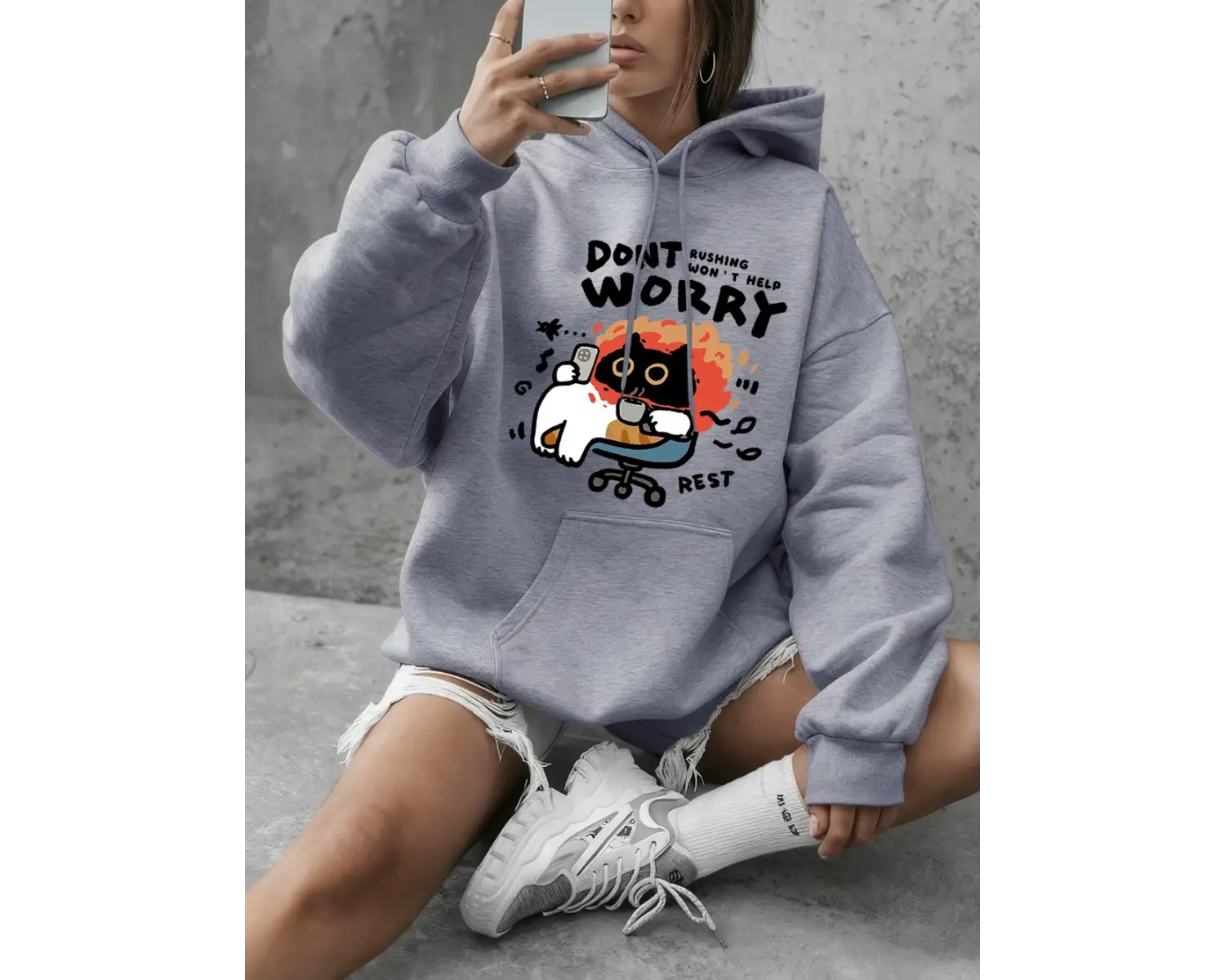 Endişelenmeyin Kedi Baskılı Tişörtü Bayan Temel Ürünleri Bisiklet Yaka Kapüşonlu Üstler Günlü