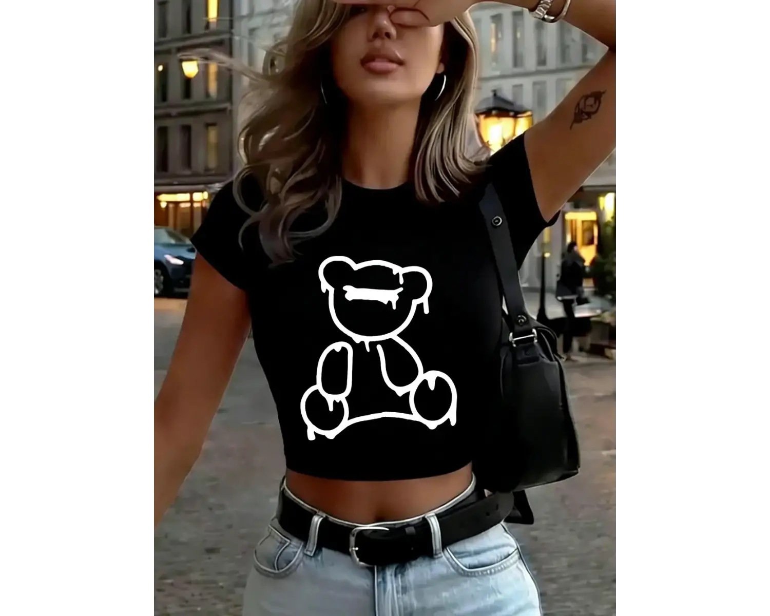 Eriyen Karikatür Ayı Baskılı Kadın Babby TeeT-Shirt Yaz Yumuşak Yüksek Elastik Üstler O-Boyun Kıs