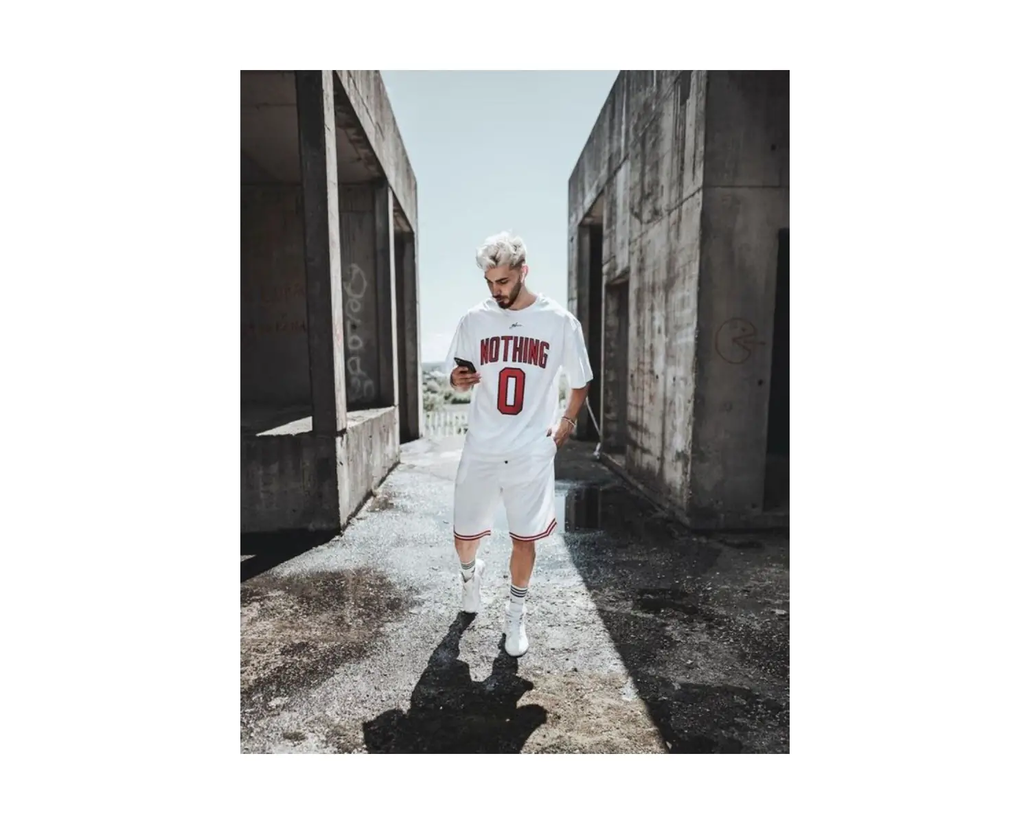 Erkak Beyaz Nothing 0 Baskılı Oversize Bisiklet Yaka Tişört