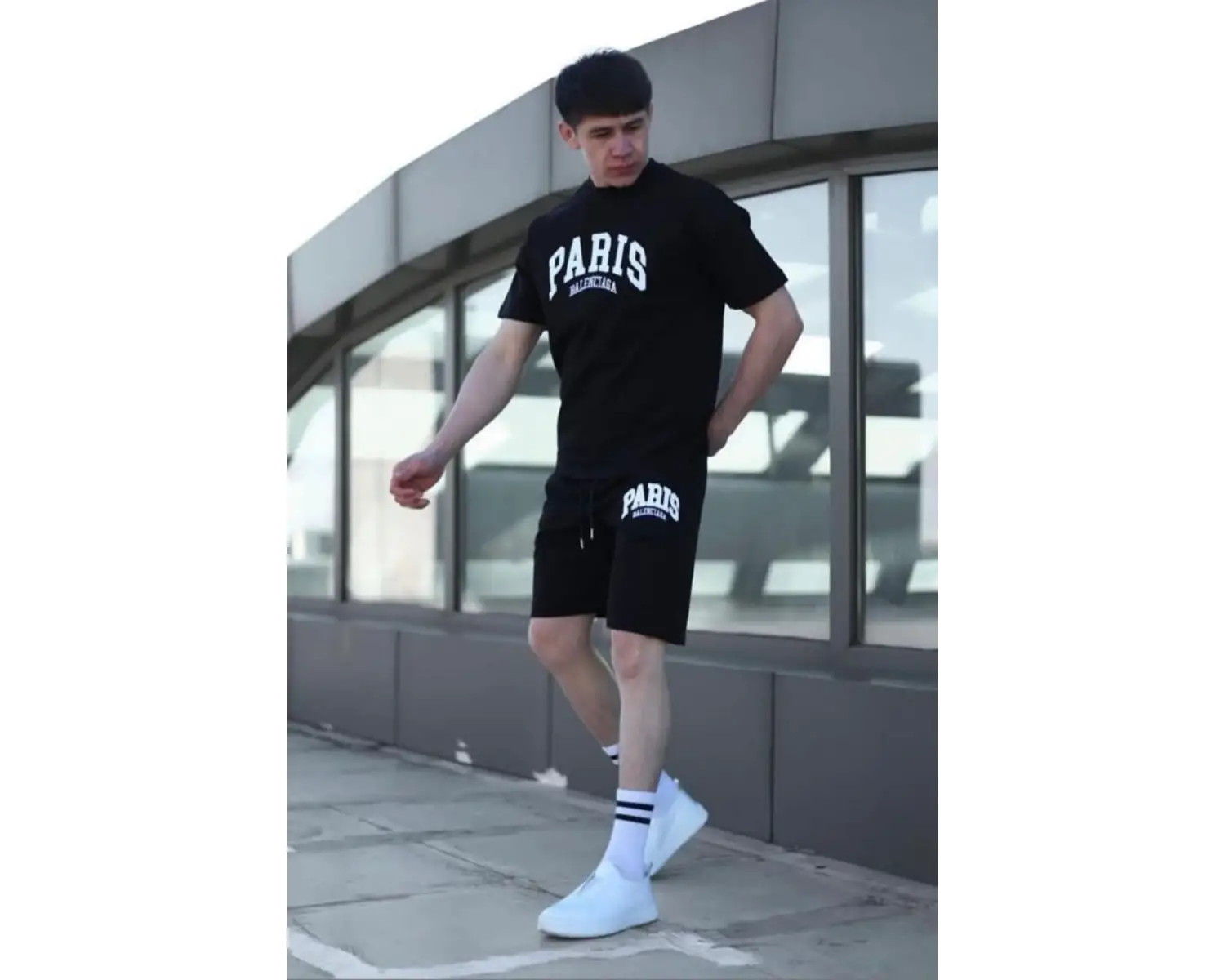 Erkek Alt-üst Tshirt-şort Kombini Paris Baskılı Pamuklu Oversize Takım