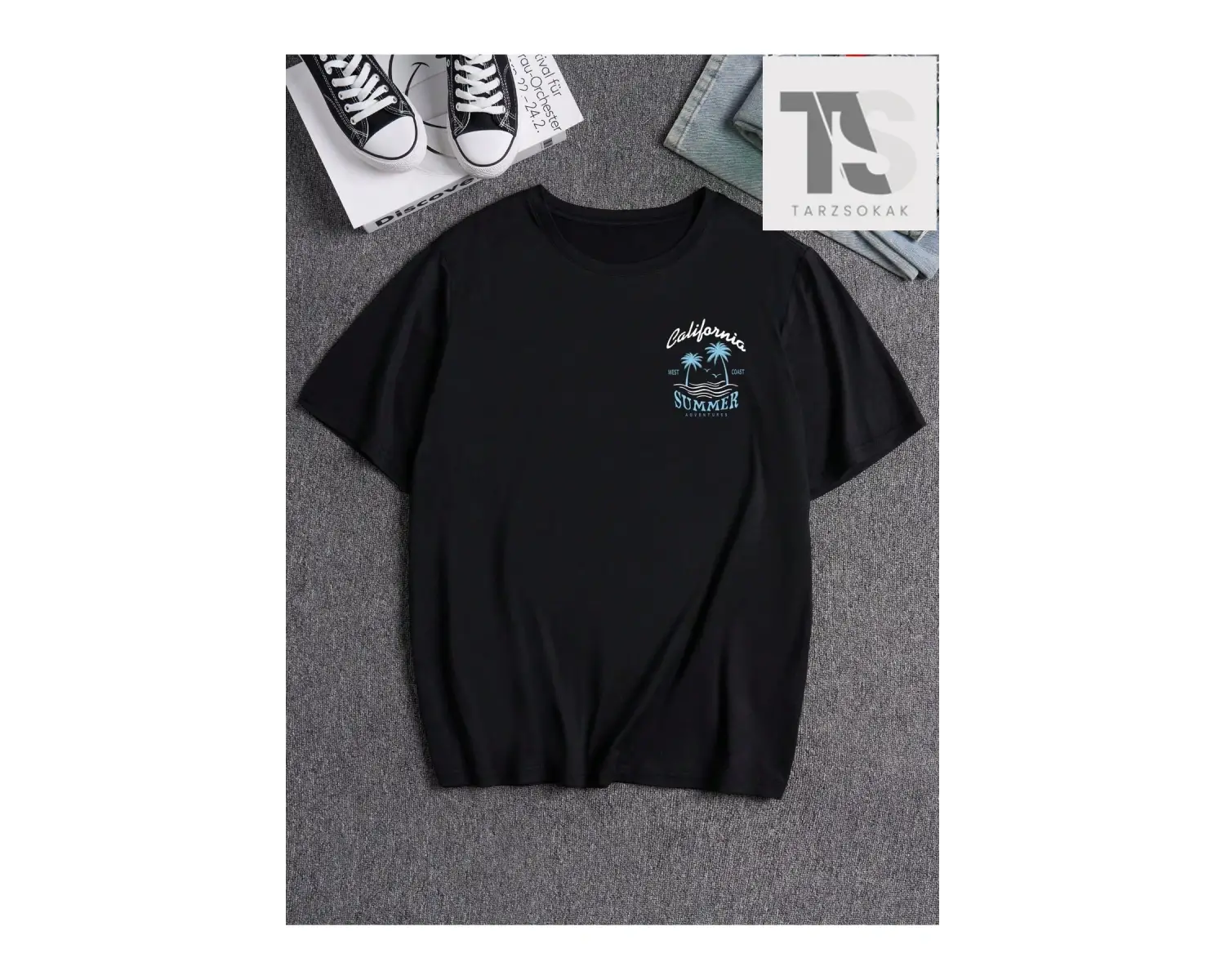 Erkek Araba Ve Dalga Desenli Yuvarlak Yaka Tişört