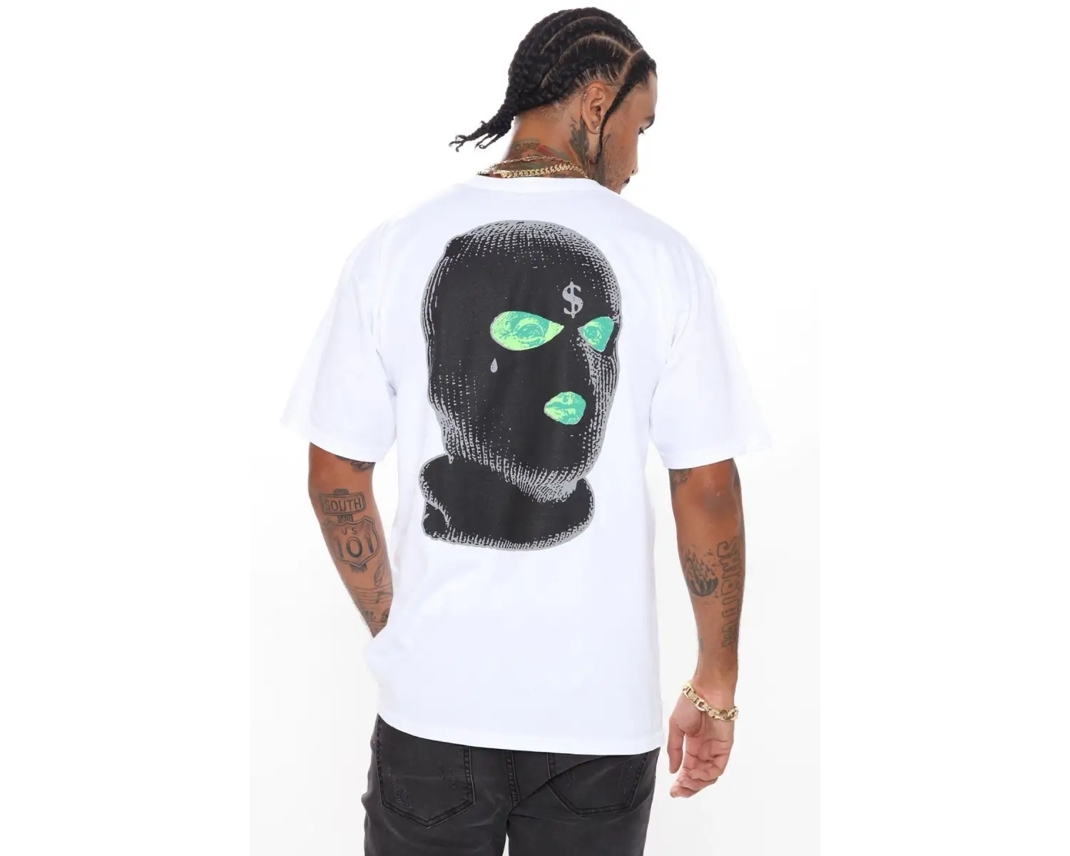 Erkek Beyaz Dirty Money Drill Sırt Baskılı Oversize Bisiklet Yaka T-shirt