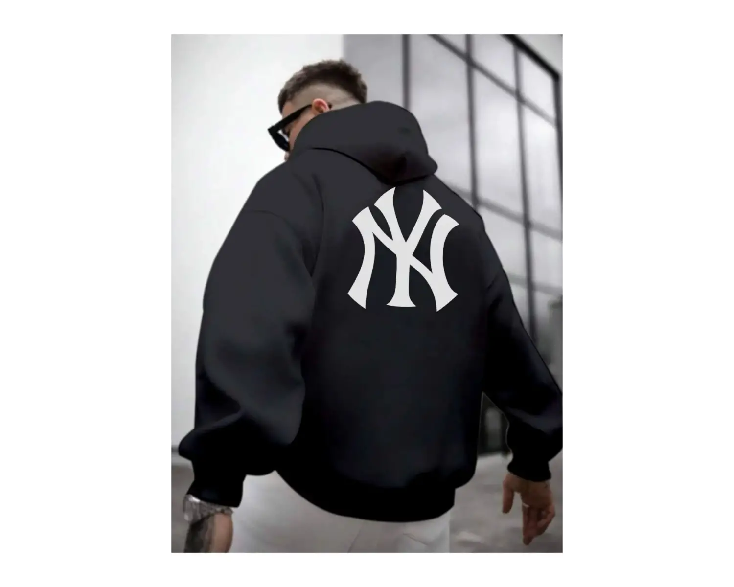 Erkek Beyaz Ön Arka NY Baskılı Kapüşonlu Sweatshirt onarkanysweatshirt