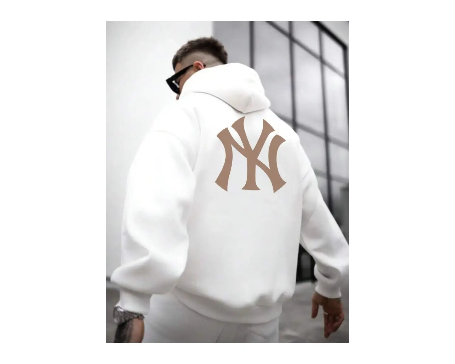 Erkek Beyaz Ön Arka NY Baskılı Kapüşonlu Sweatshirt onarkanysweatshirt